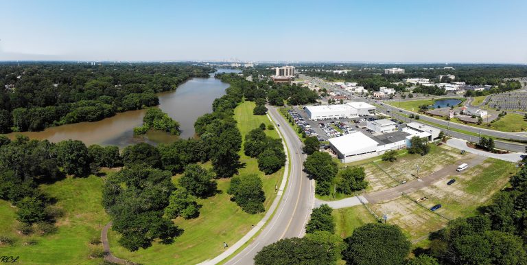 South view of Park Boulevard in Cherry Hill With Cooper River on the left and former site of Subaru on the right. Alson seen are Cherry Hill Imports and Crowne Plaza Hotel