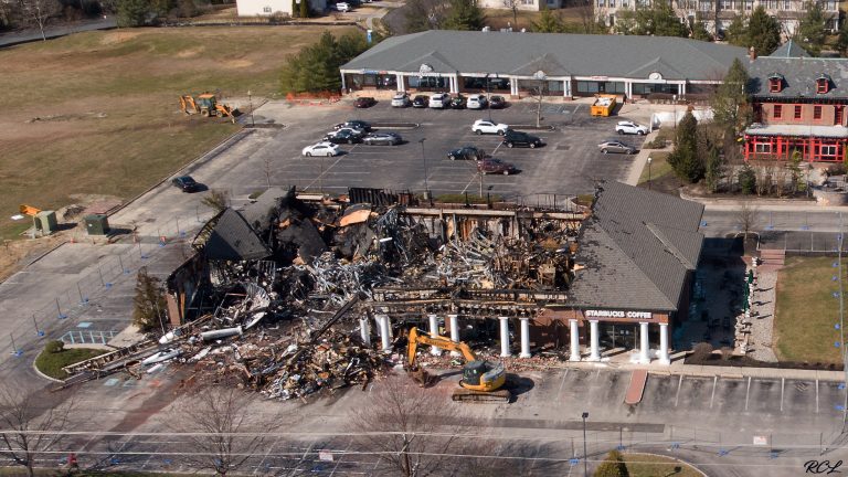 Burned remains of stores in the Short Hills Towne Center in Cherry Hill South Jersey